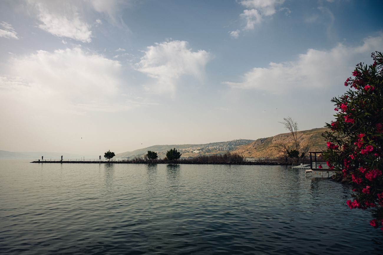 Soft morning light over the calm Sea of Galilee
