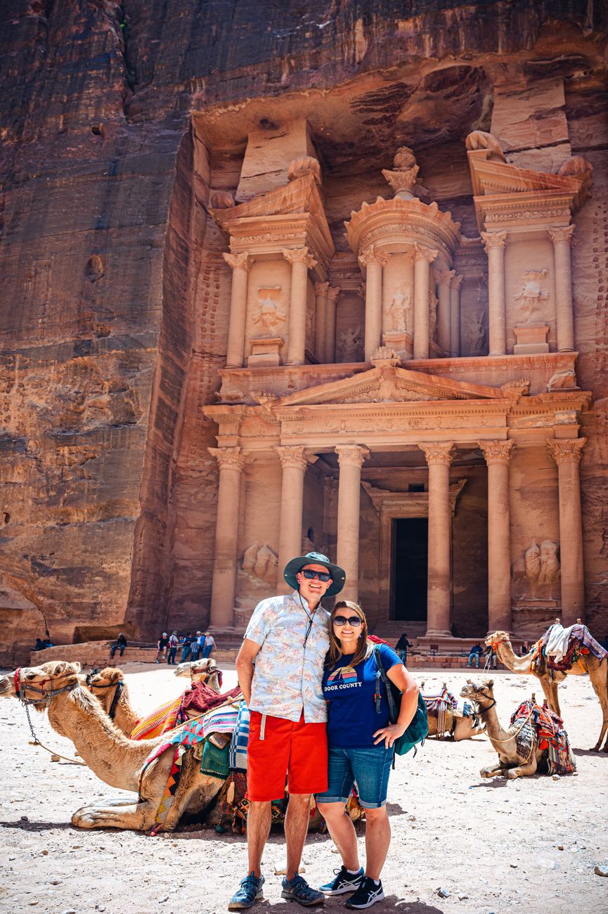 The rose-stone facade of the Treasury, Al-Khazneh, at Petra