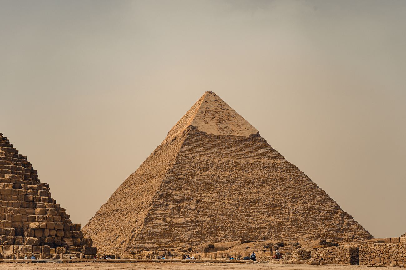 The Pyramids of Giza rising from the desert sands