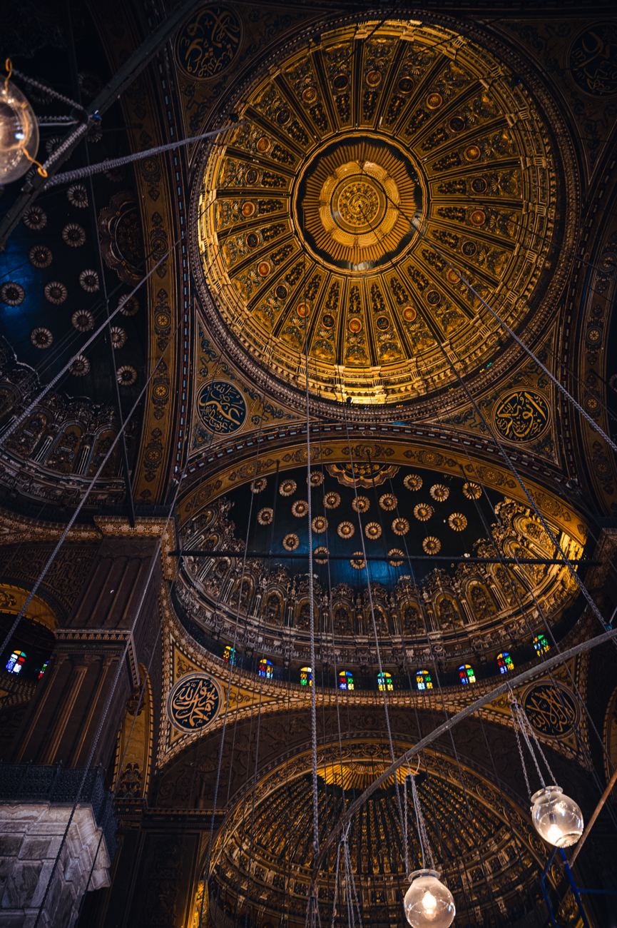 The golden interior dome of the Mosque of Muhammad Ali, Cairo